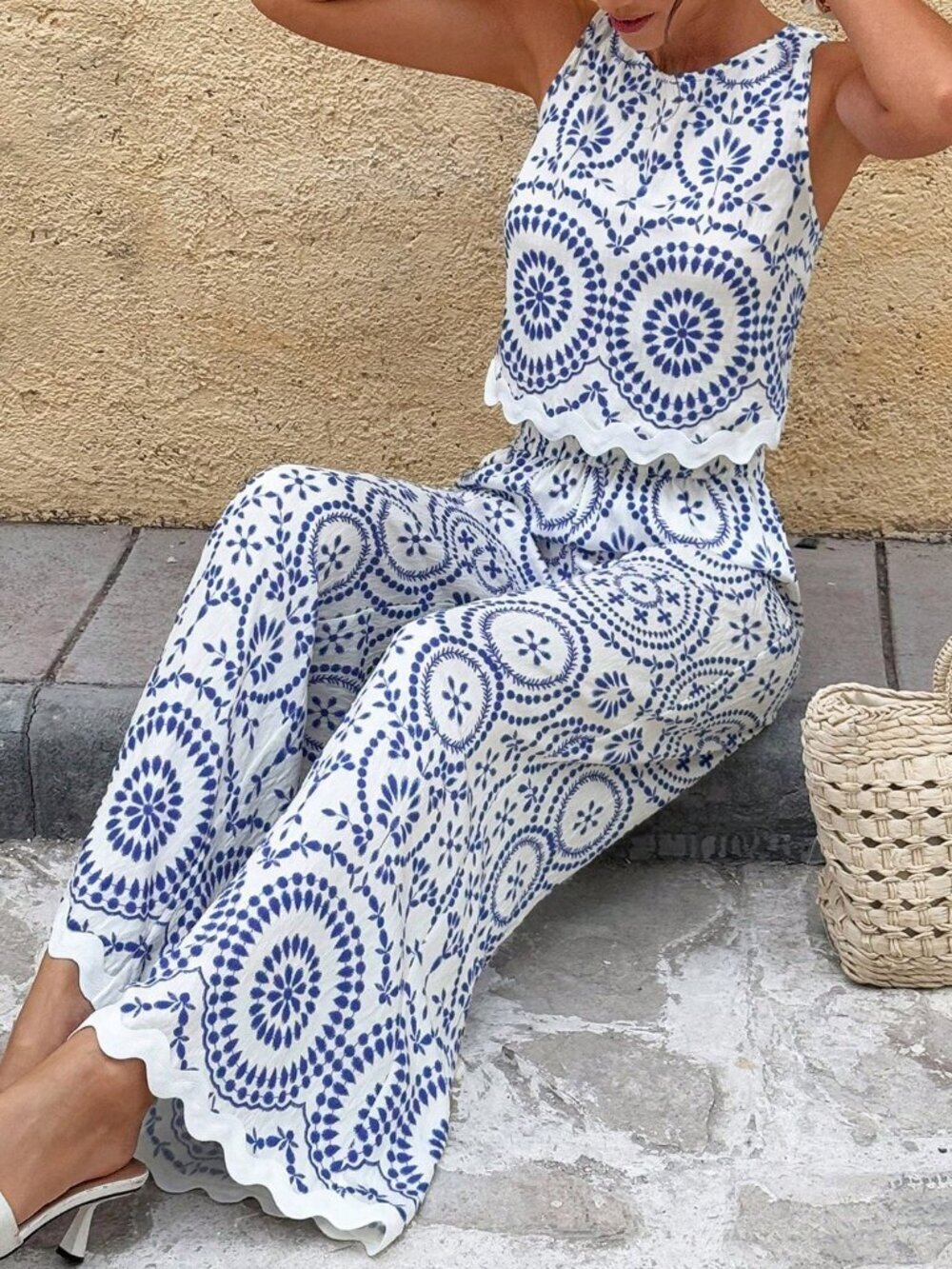 Blue Boho Women's Allover Print Casual Sleeveless Top & Loose Wide Leg Pants